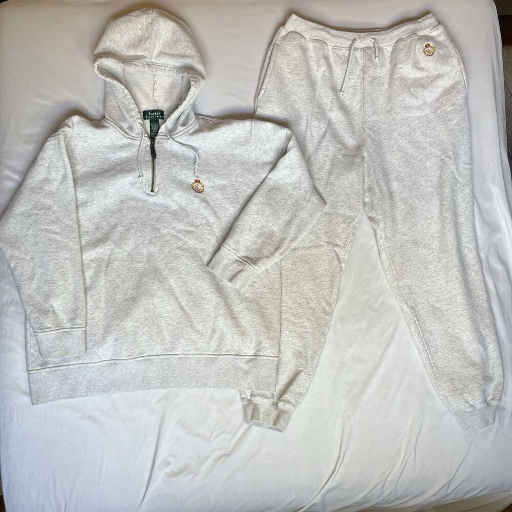 Lauren Ralph Lauren Tracksuit Womens Large L Gray Hoodie and Sweatpants Set Y2K